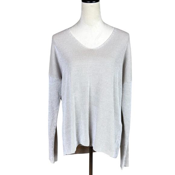 Eileen Fisher Tan Ribbed Organic Linen Cotton Blend V-neck Pullover Sweater - Picture 1 of 11